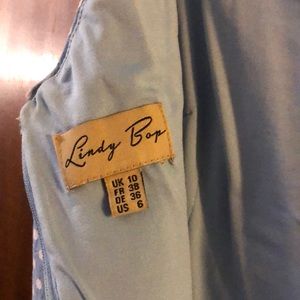 Pinup girl clothing: Lindy Bop light blue dress with white polkadots!